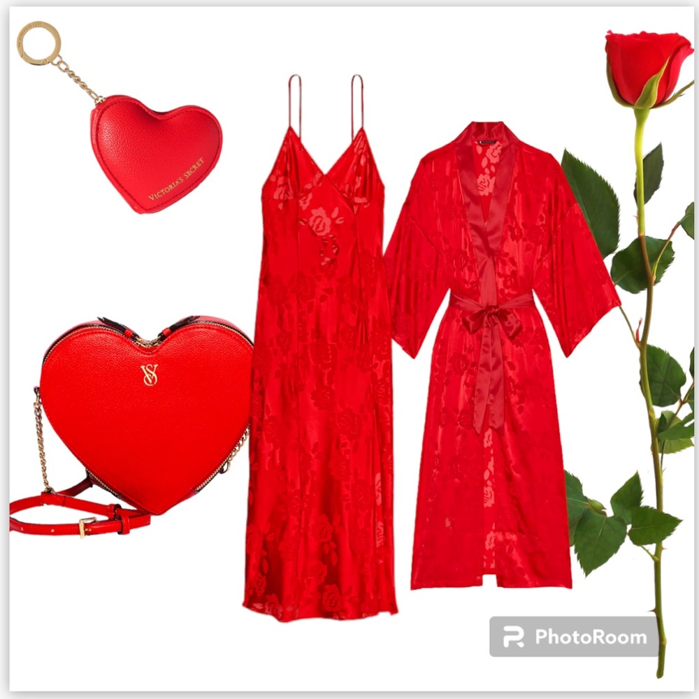 VICTORIAS SECRET LONG RED SATIN SLIP, LONG ROBE, RED  ❤️ CROSSBODY BAG & ❤️POUCH